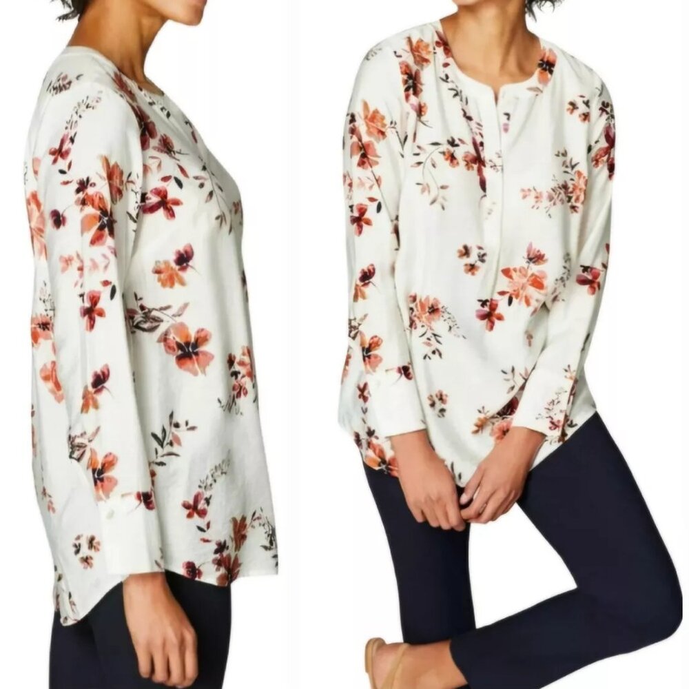 J.JILL Cream Floral Tunic Popover Long Sleeve Blouse - Medium